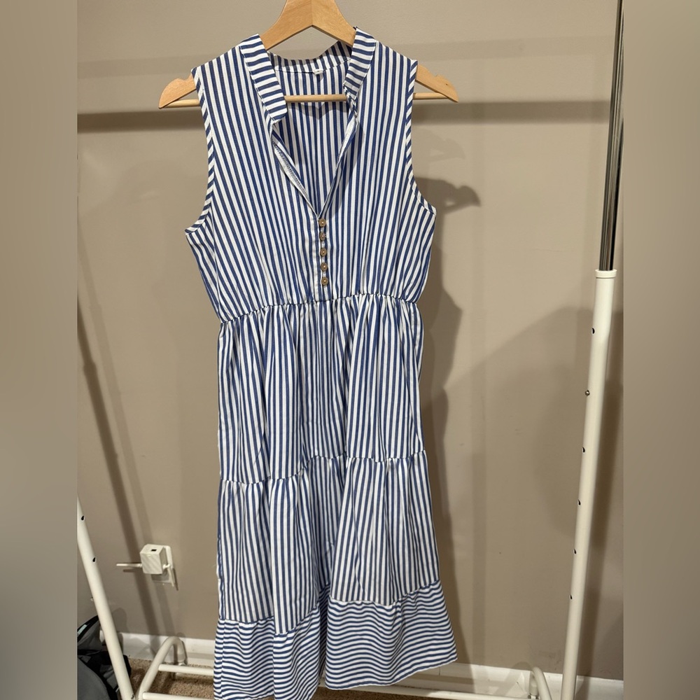 Blue and White Striped Sleeveless Dress
